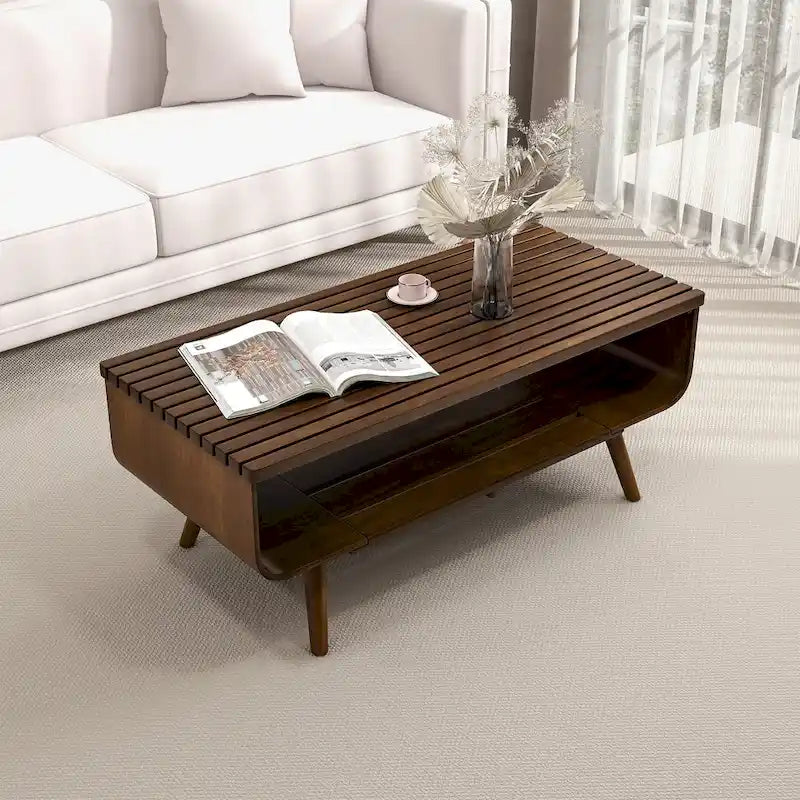 Adelina rechteckiger Couchtisch aus massivem Holz im Mid-Century-Stil in Braun