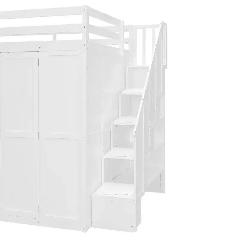 Whisen Hochbett in voller Größe mit Kleiderständern, klappbaren Regalen und Schreibtischen für ein organisiertes Zuhause