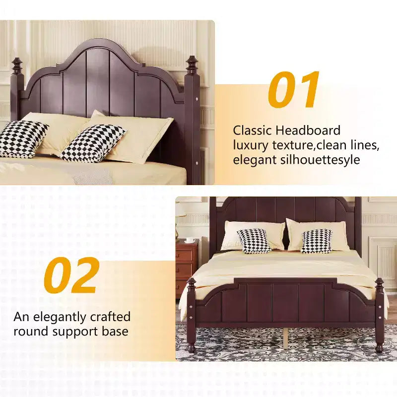 Vintage-Plattformbettgestell in Queensize – Massivholz aus Kiefer, MDF-Kopfteil, kein Boxspringbett erforderlich