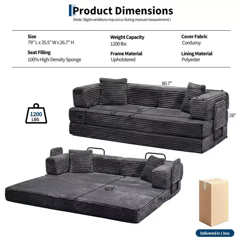 80,7" 5-in-1 ausklappbares Schlafsofa ??Kordsamt, 544 kg, keine Montage erforderlich
