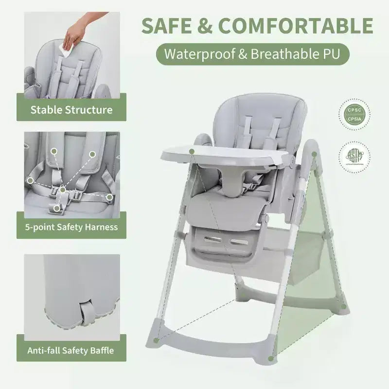 Zusammenklappbarer Hochstuhl für Babys und Kleinkinder, Hochstuhl aus PU-Leder mit verstellbarer Rückenlehne und Sitzhöhe, abnehmbarem Tablett, 5-Punkt-Sicherheitsgurt und feststellbaren Rollen