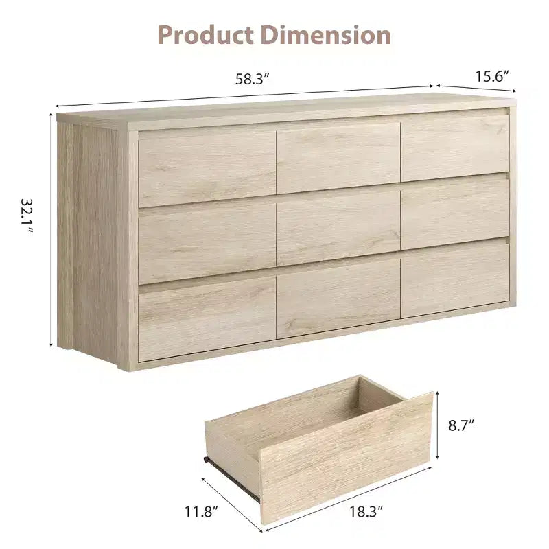 Kommode mit 9 Schubladen für das Schlafzimmer, breiter moderner Schubladenschrank aus Holz mit großem Stauraum, Holzkommode für Wohnzimmer, Flur und Eingangsbereich