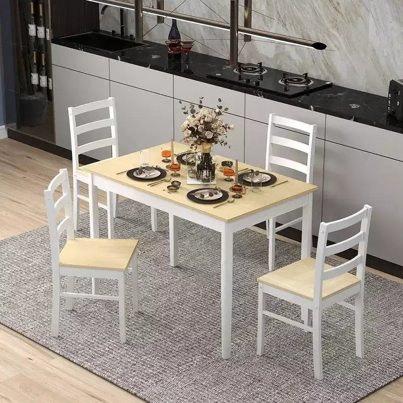 Costway 5-teiliges Esszimmer-Set Massivholz Küchenmöbel mit rechteckigem Tisch & 4 Stühlen Natur/Kaffee/Grau