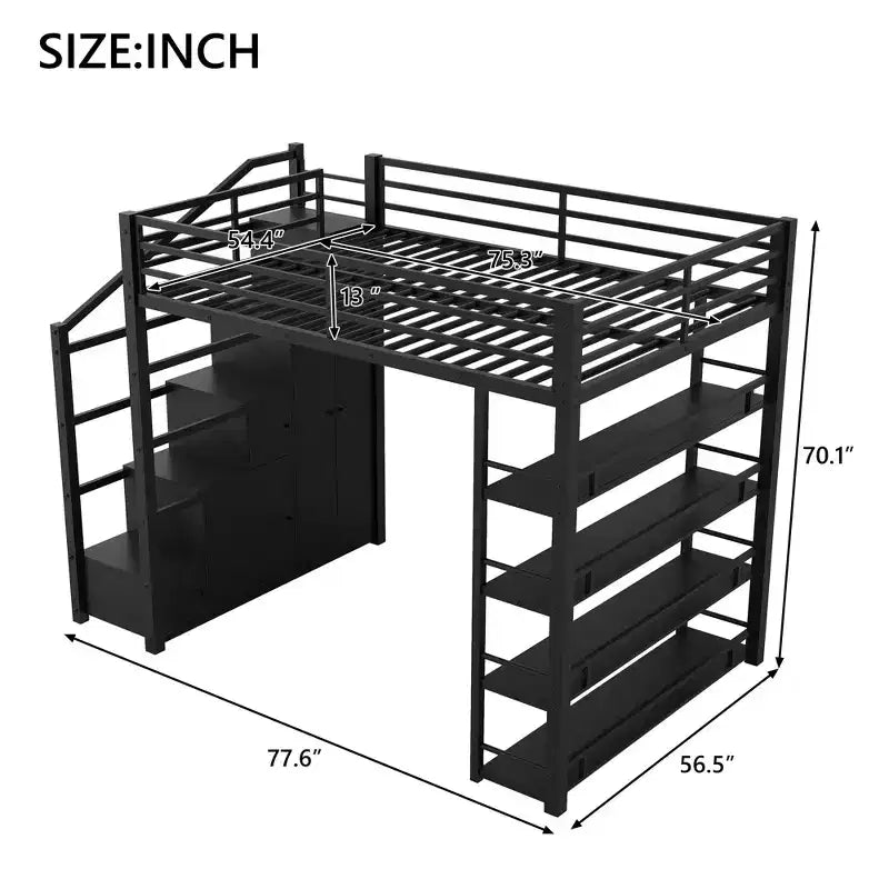 Queen-Size-Metall-Hochbett mit Ablagefächern, Schränken und Kleiderschrank