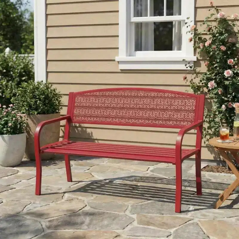 Gartenbank aus Metall für 2 Personen, Stahlbank mit geometrischer Rückenlehne für Terrasse, Garten und Veranda