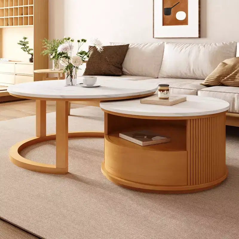 Moderner Couchtisch in Nesting-Bauweise mit Schublade, runder Wohnzimmertisch mit Stauraum