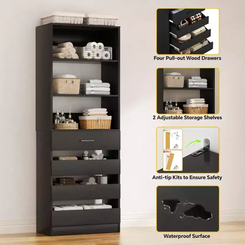 Schrankorganisationssystem mit Holzschubladen und Regalen