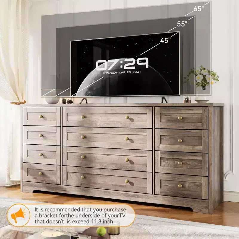 Kommode mit 12 Schubladen für das Schlafzimmer, aus Holz, moderner breiter TV-Ständer für 65-Zoll-Fernseher, Holz-Schubladenkommode, Landhausstil-Kleiderschrank für das Wohnzimmer