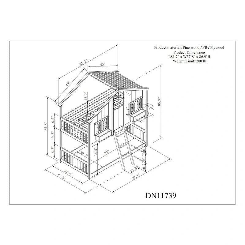 Etagenbett „Haus“ für zwei, mit Dach, Fenster, Blumenkasten und Tür, inklusive Sicherheitsgeländern und Leiter, Grau