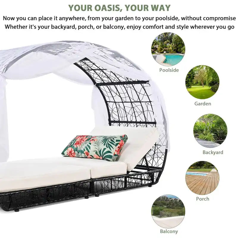 Oaks Aura Outdoor, Sonnenliege mit Polster, Vorhang und buntem Kissen, Lounge-Sessel aus Korbgeflecht, verstellbare Gartenliegen