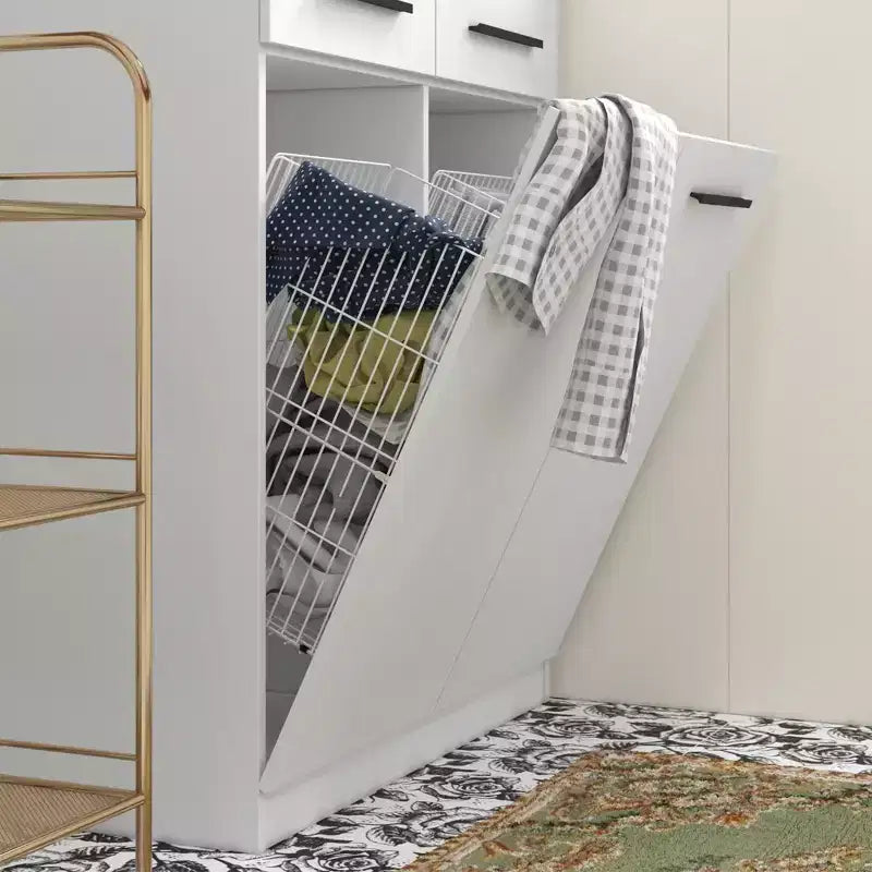Famapy Moderner weißer Badezimmerschrank mit integriertem Wäschekorb im unteren Bereich