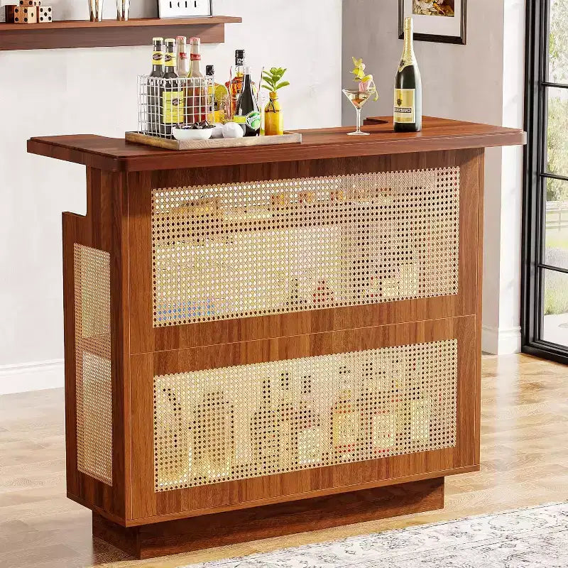 Rattan-Heimbar, 4-stufiger Barwagen im Landhausstil mit 4 Weinglashaltern, Karamellbraun
