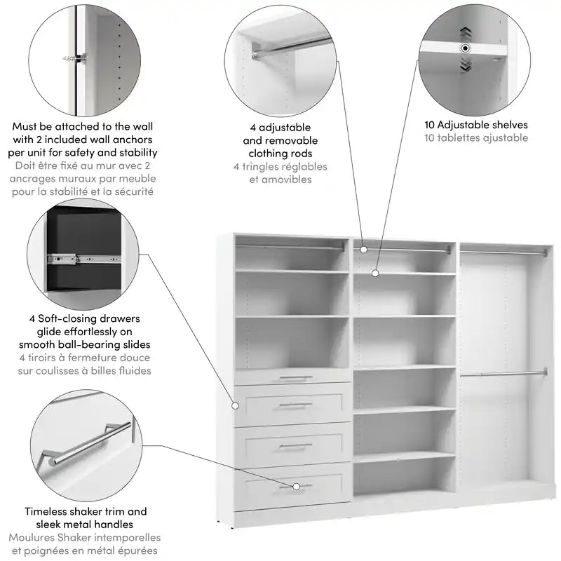 107 Modulares begehbares Kleiderschranksystem mit Kleiderstangen, Regalen und Schubladen im Shaker-Stil