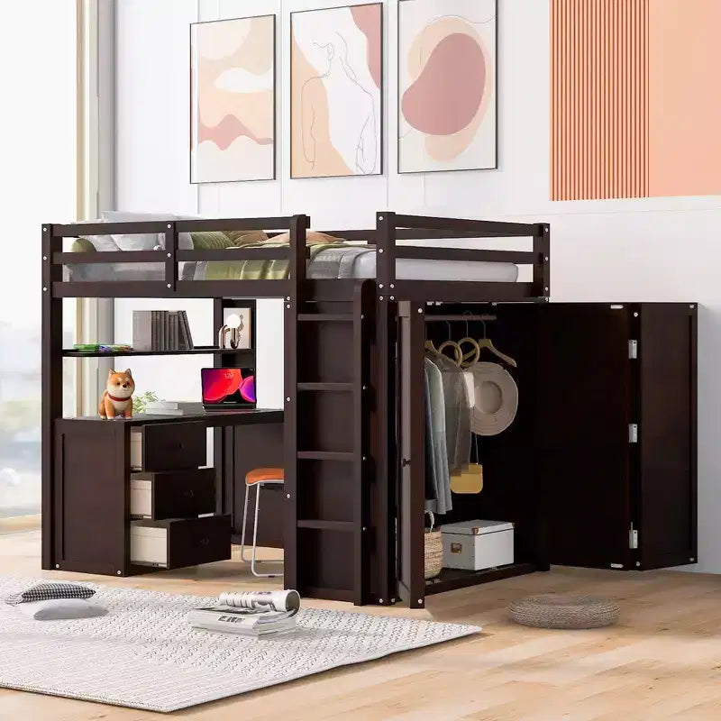 CLIHOME Hochbett in Full-Size mit 3 Schubladen, Schreibtisch und Kleiderschrank