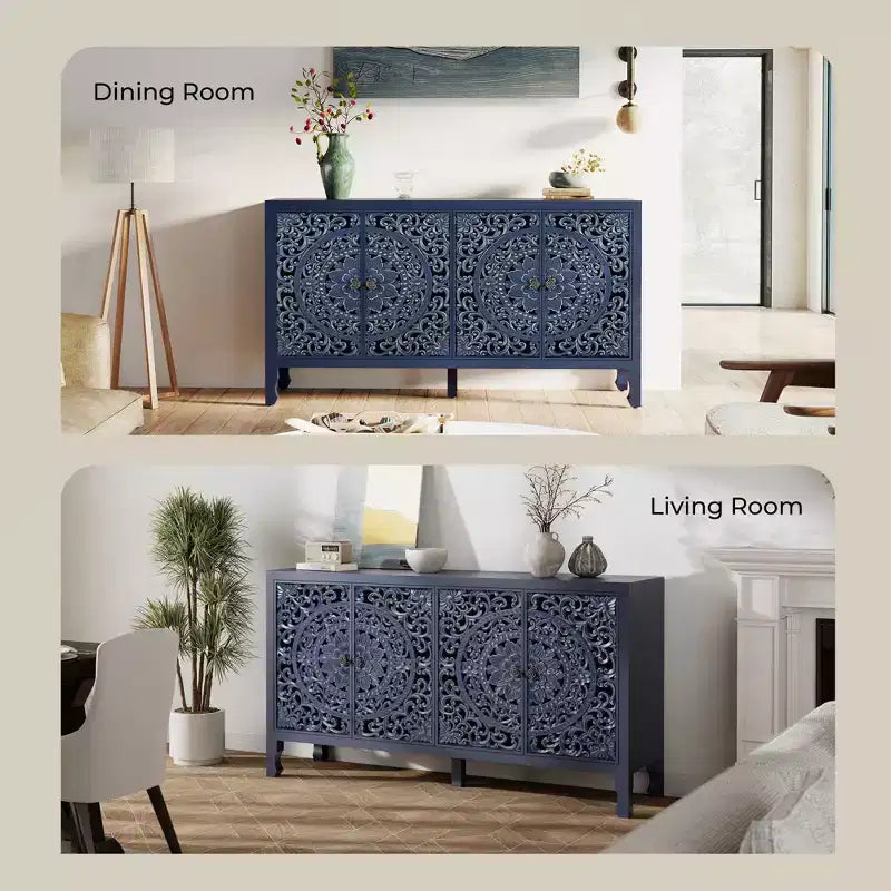Buffetschrank mit Stauraum, rustikaler Aufbewahrungsschrank mit 4 geschnitzten Türen und verstellbarem Einlegeboden, Sideboard aus Holz als Akzentmöbel