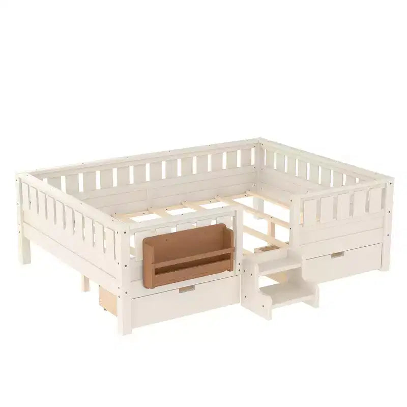 Bellemave Queen-Size-Kleinkindbett mit 14 Sicherheitsgeländern, platzsparender Bettrahmen mit integrierten Bücherregalen & 2 Schubladen unter dem Bett