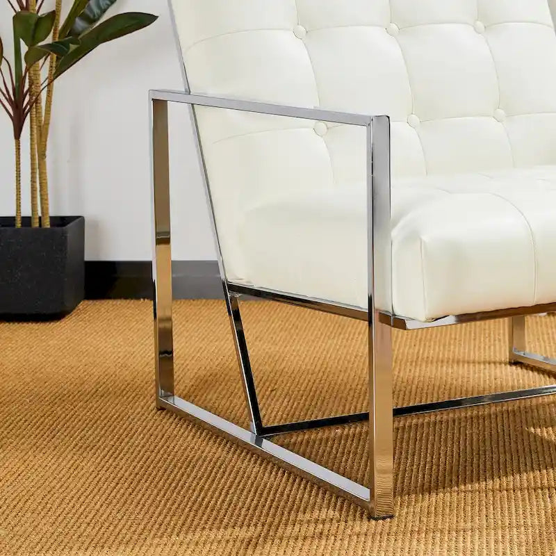 Glitzhome 77,5 cm hoher Mid-Century Akzentstuhl in Creme, PU-Leder mit Knopfheftung und verchromtem Gestell