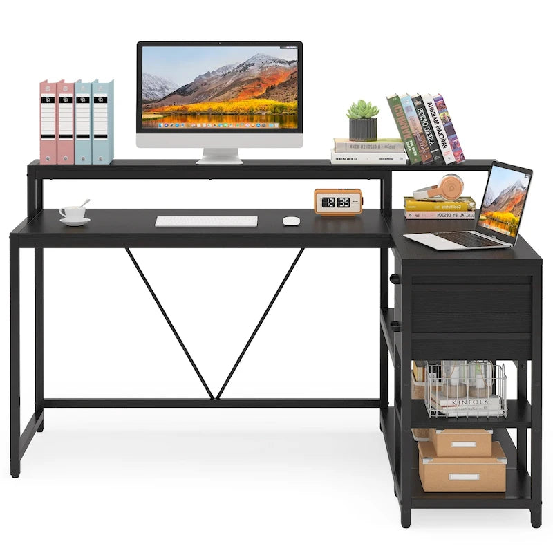 L-förmiger Schreibtisch mit Schublade, Eckschreibtisch für das Home-Office mit Ablagefächern und Monitorständer, rustikaler PC-Tisch für kleine Räume
