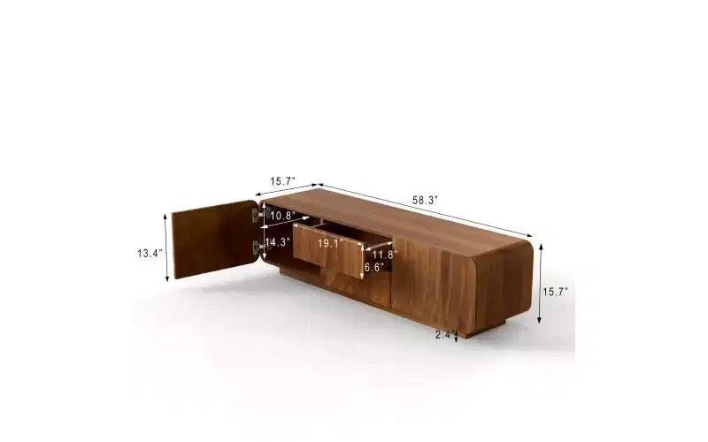 JVNOXK 58-Zoll-TV-Board, Mid-Century-Spiralwellendesign, mit Stauraumschrank und zwei Schubladen, geeignet für Wohnzimmer oder Schlafzimmer, Walnuss