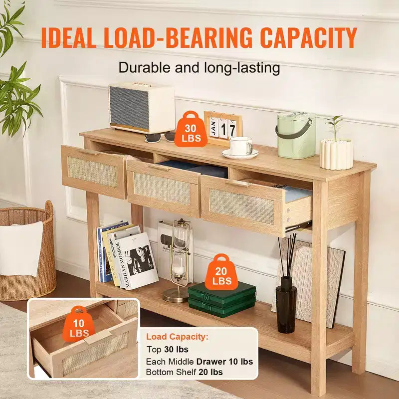 VEVOR Rattan-Konsolentisch mit 3 Schubladen, Rattan-Flurtisch mit natürlicher Rattan-Schiebetür, Konsolen-Sofa-Tisch, Natur