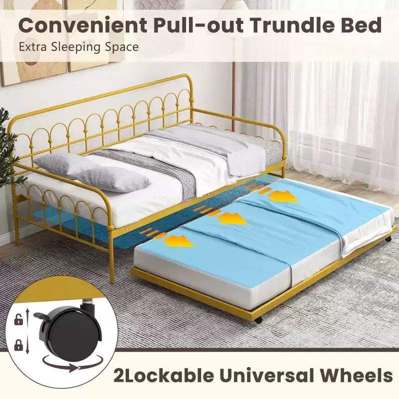 Costway Metall-Tagesbett in Einzelgröße mit ausziehbarem Unterbett, platzloses Schlafsofa, feststellbare Rollen, Gold