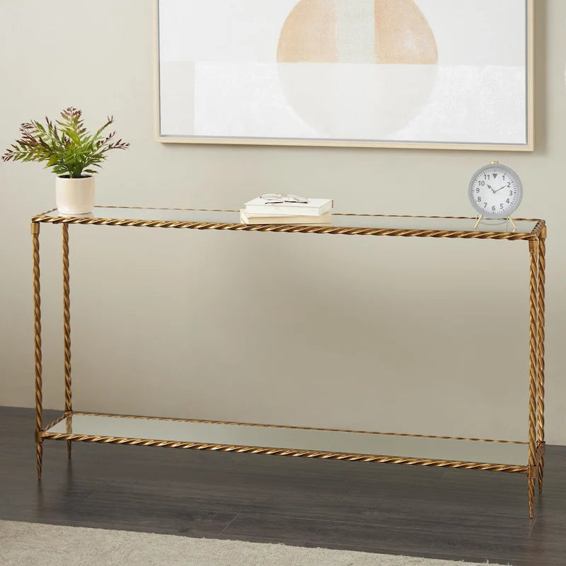 Konsole mit 1 Ablage im Stil eines gedrehten Metallseils mit verspiegelter Glasplatte und Ablage - Gold - Roche River Decor