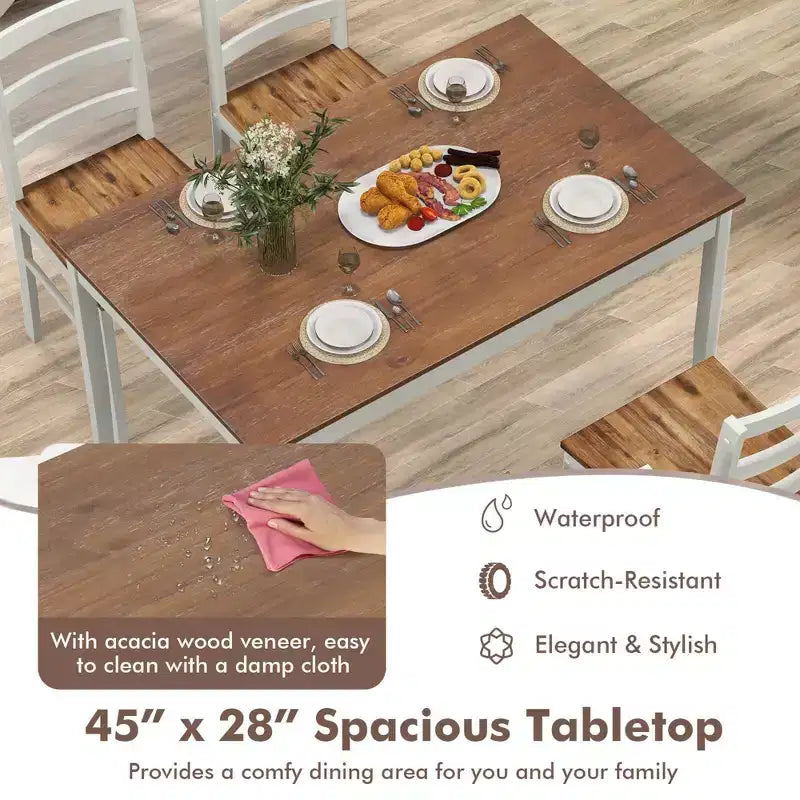 Costway 5-teiliges Esszimmer-Set Massivholz Küchenmöbel mit rechteckigem Tisch & 4 Stühlen Natur/Kaffee/Grau
