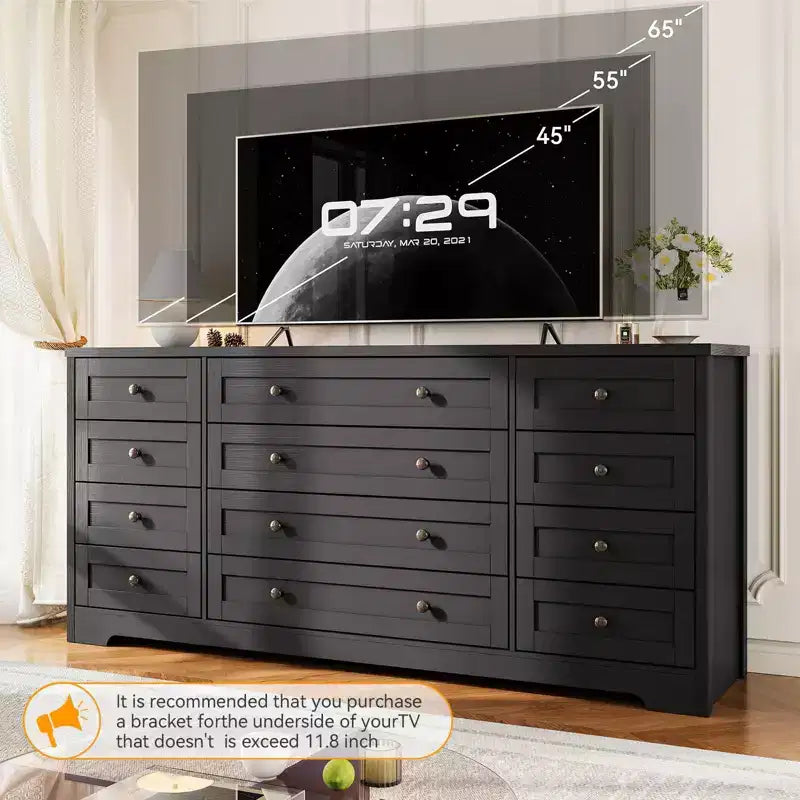 Kommode mit 12 Schubladen für das Schlafzimmer, aus Holz, moderner breiter TV-Ständer für 65-Zoll-Fernseher, Holz-Schubladenkommode, Landhausstil-Kleiderschrank für das Wohnzimmer