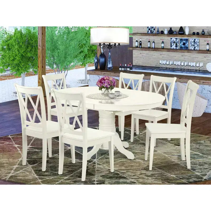 HomeStock 7-teiliges Esszimmerset, ovaler Tisch in Leinenweiß & 6 Stühle, moderner Stil