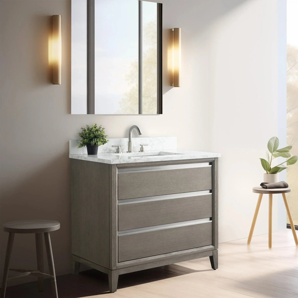 Vanity Art Badezimmerschrank mit Keramikwaschbecken und Platte aus technischem Marmor