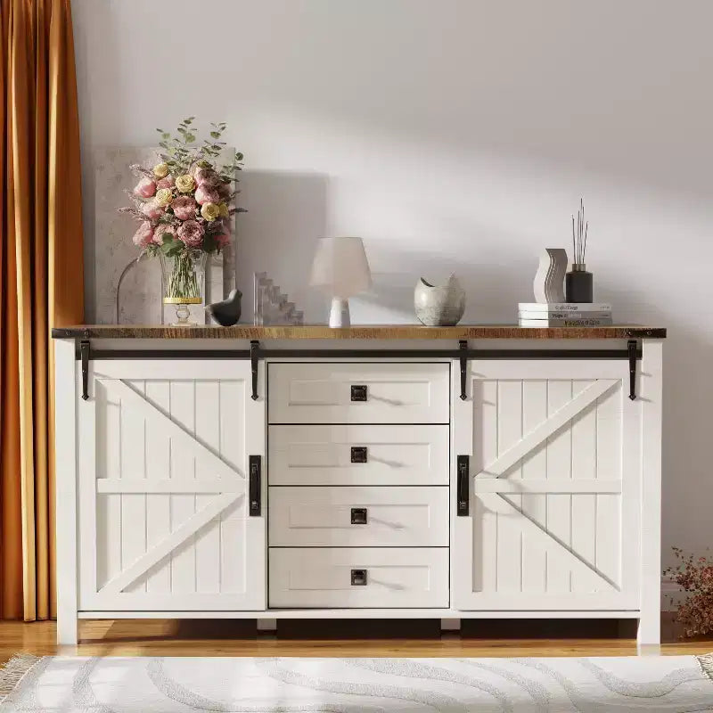 SinCiDo Farmhouse 60-cm-Schminktisch mit verschiebbarer Scheunentür und 4 Schubladen, Schubladenschrank für Wohnzimmer, Schlafzimmer und Kaffeebar