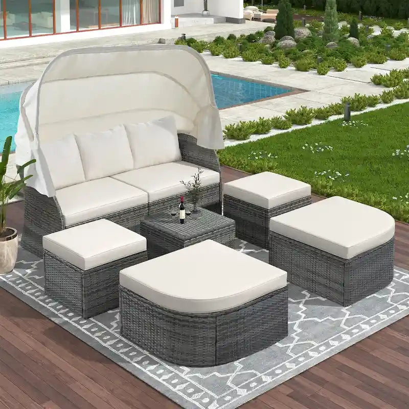 Graues Outdoor-Tagesbett aus Korbgeflecht mit Polstern und ausziehbarem Sonnendach