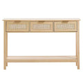 VEVOR Rattan-Konsolentisch mit 3 Schubladen, Rattan-Flurtisch mit natürlicher Rattan-Schiebetür, Konsolen-Sofa-Tisch, Natur
