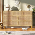 Rattan Kommode mit 7 Schubladen für das Schlafzimmer, hoher Schrank mit tiefen Schubladen, große Kommode für den Kleiderschrank mit breiter Ablagefläche, Holzkommode für das Wohnzimmer