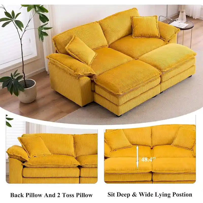 Modernes 2-Sitzer-Sofa aus Cord mit 4 Stützkissen und 2 Hockern