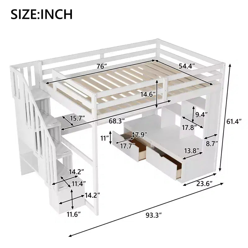 Full-Size-Hochbett mit Treppe und Schreibtisch, Hochbettgestell aus Holz mit Staufächern und Bücherregalen für Erwachsene, Teenager und Kinder