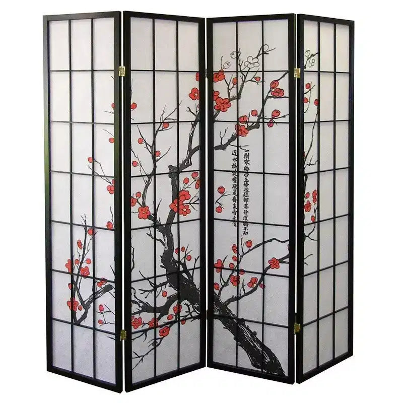 Roundhill Furniture Japanischer 4-Panel Raumteiler, Pflaumenblüte