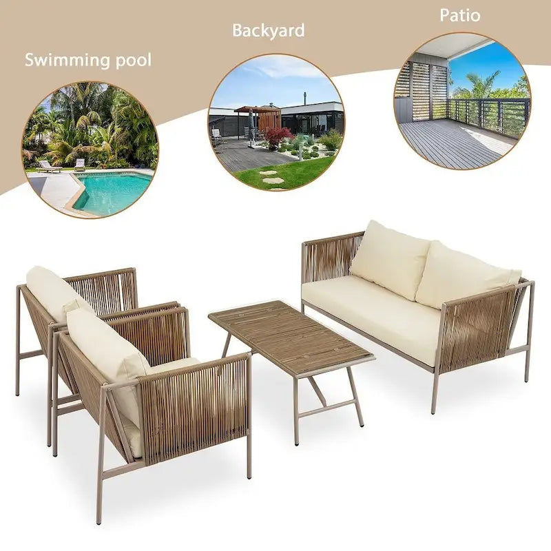 4-teilige Outdoor-Lounge-Garnitur aus Seil für 4 Personen mit Auflagen und Glastisch