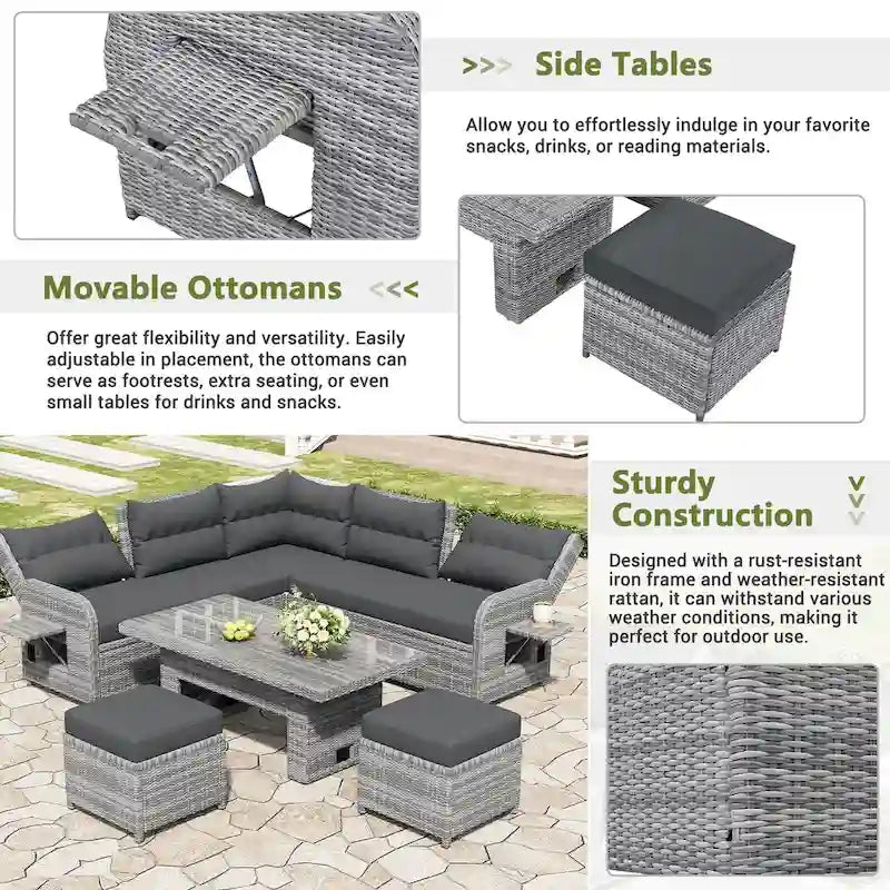 Outdoor-Rattan-Ecksofa-Set mit verstellbarem Tisch und Relaxsesseln