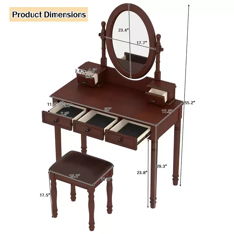 Okak Vintage Holzkosmetiktisch mit verstellbarem Spiegel, Schminktisch mit 5 Schubladen und gepolstertem Hocker, Frisiertisch für das Schlafzimmer