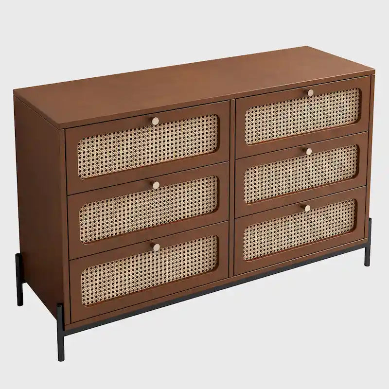 Moderne Rattan-Holz-Kommode mit Korbgeflecht und 6 Schubladen