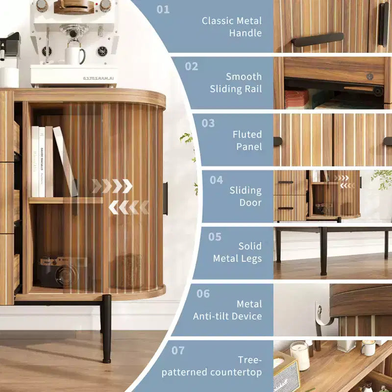 59-Zoll-Sideboard im Landhausstil mit geriffelter Front, TV-Lowboard mit 6 Schubladen und 2 Schiebetüren, vielseitiger Aufbewahrungsschrank fürs Wohnzimmer