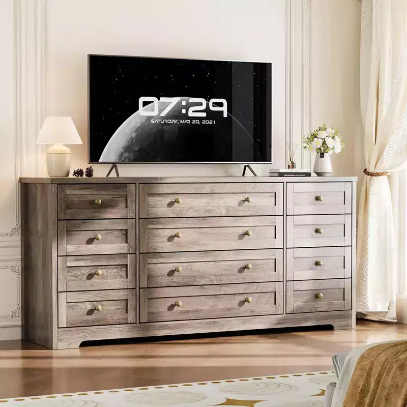 Kommode mit 12 Schubladen für das Schlafzimmer, aus Holz, moderner breiter TV-Ständer für 65-Zoll-Fernseher, Holz-Schubladenkommode, Landhausstil-Kleiderschrank für das Wohnzimmer