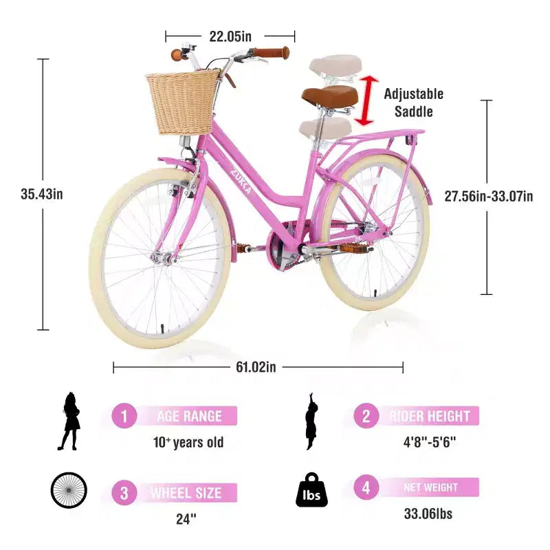 NAYSAYE 24 Zoll Mädchen-Cruiser-Fahrrad, Speed-Hybrid-Citybike für Jugendliche von 7-10+ Jahren mit Weidenkorb & Gepäckträger, Kinderfahrrad