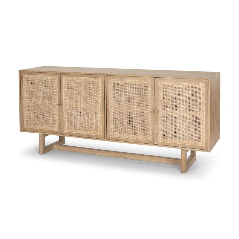 Grier Sideboard aus hellem braunem Massivholz und Rohrgeflecht mit 4 Türen – 72,0 L x 18,0 B x 31,0 H