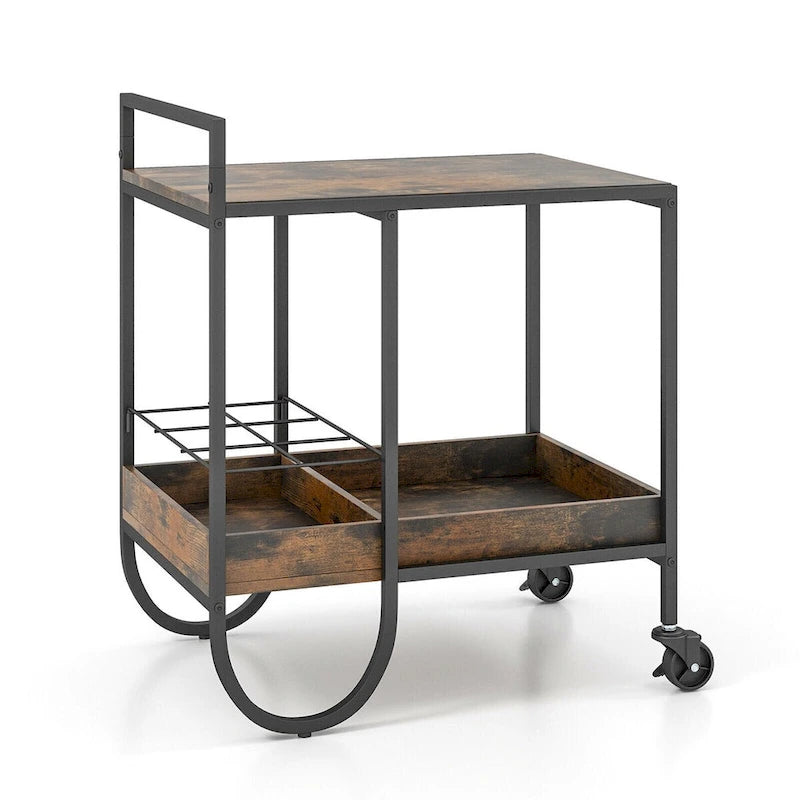 Rollbarer Servierwagen mit abnehmbarem Metalldraht-Weinregal - Braun - 24 x 17 x 29 (L x B x H)