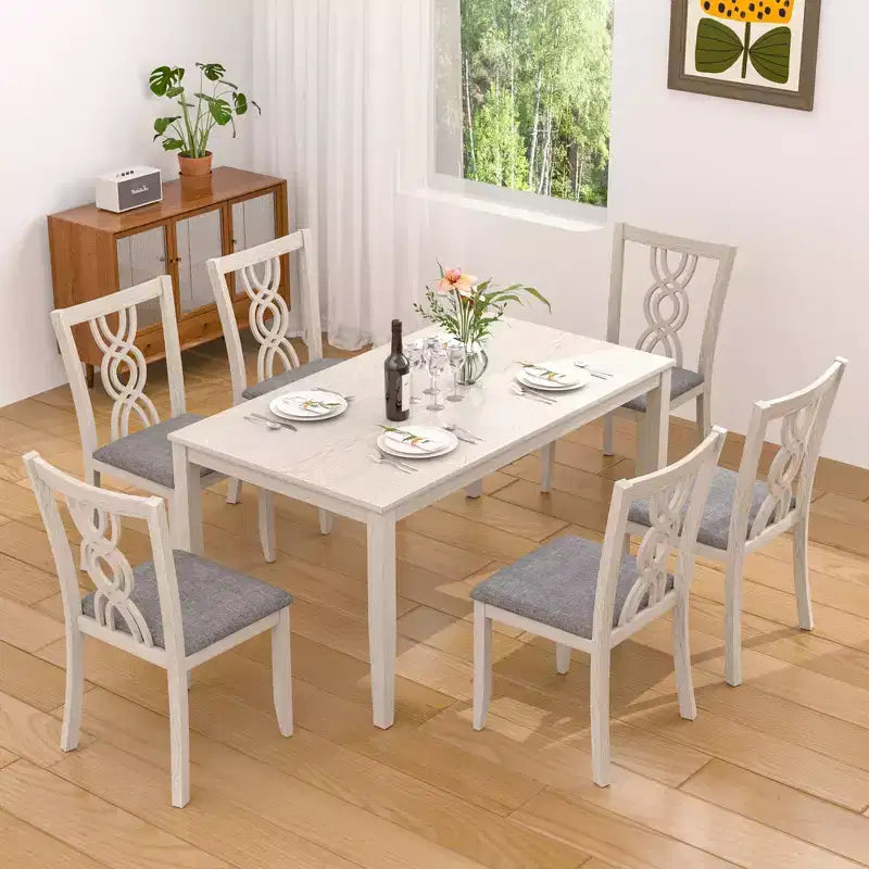 VECELO Rustikale Esszimmerstühle aus Holz, Küchenstühle aus Kautschukholz mit gepolsterter Sitzfläche und eleganter, durchbrochener Rückenlehne, Grau