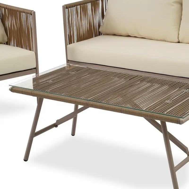 4-teilige Outdoor-Lounge-Garnitur aus Seil für 4 Personen mit Auflagen und Glastisch