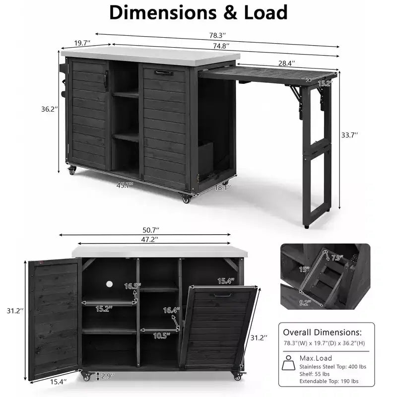 Outdoor-Kücheninsel mit klappbarem Seitentisch, Outdoor-Grillwagen mit Edelstahlplatte, versteckter Müllschrank für Rasen & Garten