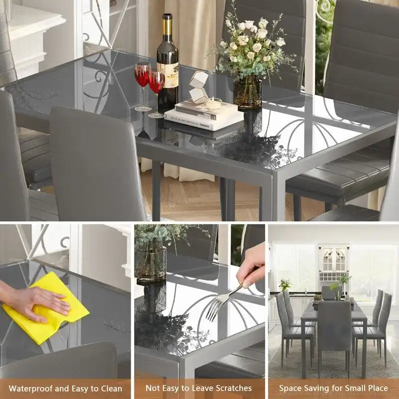 Grondin 7-teiliges Esszimmer-Set im modernen Stil mit Tischplatte aus gehärtetem Glas und 6 Stühlen mit PU-Lederpolsterung